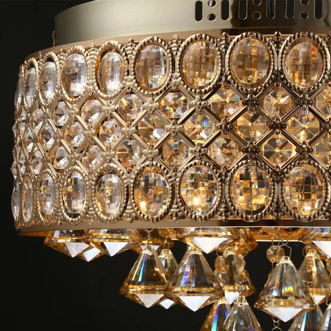 Close-up of Gold Crystal Chandelier Flush Mount Ceiling Light With Diamond Drum Shade Luxury Room Decor For Bedroom Living