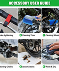 User guide showing 7 Piece Motorcycle Cleaning Kit With Portable Lift Jack For Chain Maintenance And Wheel Cleaning in use