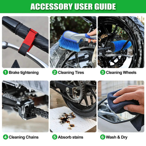 User guide showing 7 Piece Motorcycle Cleaning Kit With Portable Lift Jack For Chain Maintenance And Wheel Cleaning in use