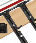 Precision Track Saw Parallel Guide System Featuring Micro Adjustable Flip Stop And Zero Calibration Fence For Exact 0.001 Inch Rip Cuts showing adjustable aluminum frame.