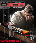 Man using Go To Cordless LED Work Light Flood Beam 3800 Lumen, 38W, 18V Battery Powered with USB ports for a cutting task