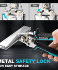 6 Inch Sheet Metal Bender With Ergonomic TPR Handle, Straight Jaw Hand Seaming Pliers For Bending, Flattening And Straightening Metal Sheets, Pro Grade Tool For 30 Gauge Cold Rolled Metal, 18 Gauge Galvanized And 30 Gauge Stainless Steel showing open and close positions with metal safety lock.