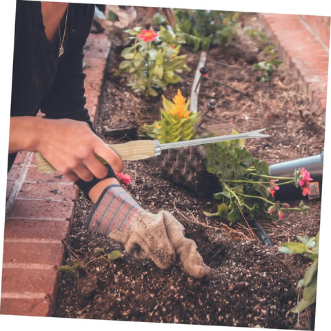 Gardener using Ergonomic Wooden Handle Weed Puller Tool For Gardeners Lightweight Weeding Tool For Dandelions And Weeds Easy Grip Back Saving Garden Hand Tool For Home Yards Yard Work Buddy in flower bed.