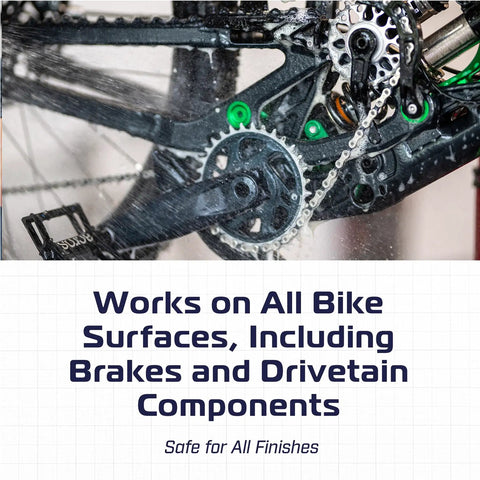 All Purpose Bike Wash Gel For Bicycles And E-Bikes That Lifts Dirt And Grime From All Surfaces, No Run Formula Keeps Your Finish Shiny, Dries Clean, And Makes Next Washes Faster And Easier, Great For Brakes, Drivetrain, And Wheels. Bike drivetrain being rinsed clean.