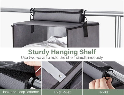 Sturdy 7-shelf hanging closet organizer with rivets, hook-and-loop fasteners, and hooks for secure hanging, seen in detailed close-up.