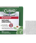 Hella Fast Halting Bleeding Gauze Wound Dressing Pads Designed To Seal Cuts Swiftly For Minor Scrapes And Stubborn Nosebleeds Knockout First Aid Essential For Garage Work Or Weekend Road Trips One By One Inch Ten Pack Bundle, CURAD packaging with a single blood-stopping pad.