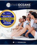 People enjoying a boat ride with Five Oceans logo and 40 years customer satisfaction badge on display.