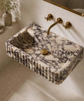 Calacatta Viola Marble Apron Sink, Hand-Carved Fluted Bathroom Washbasin, Rectangular Natural Stone Vanity Basin, Custom Made Luxury Powder Room Sink with gold faucet