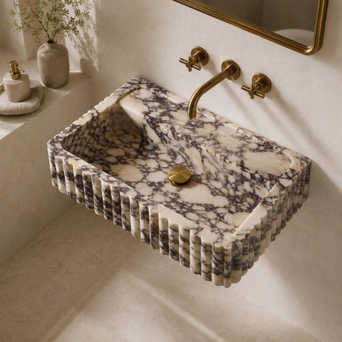 Calacatta Viola Marble Apron Sink, Hand-Carved Fluted Bathroom Washbasin, Rectangular Natural Stone Vanity Basin, Custom Made Luxury Powder Room Sink with gold faucet