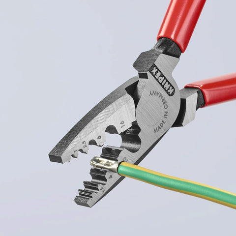 Workhorse Crimping Pliers for Cable Ferrules and Wire Terminals, DIN 46228 Compliant, 0.25-16 mm2 Range in use with ferrules