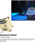 G-Charge 20 Battery Powered Guitar Amplifier with kickback stand on stage, showing speaker and control panel.