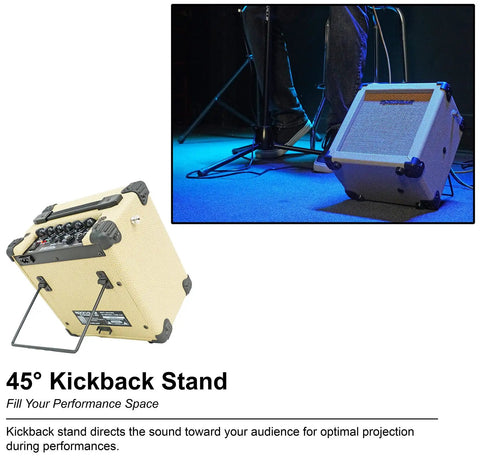 G-Charge 20 Battery Powered Guitar Amplifier with kickback stand on stage, showing speaker and control panel.