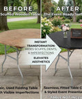 Before and after of 60-inch tables: bare wooden table and one with Ten Pack Black Round Plastic Table Covers For 60 Inch Tables Indoor Outdoor Fitted Covers 5 Feet Diameter Tables Not Included Bulk Party Catering Supply For Events Or Receptions.