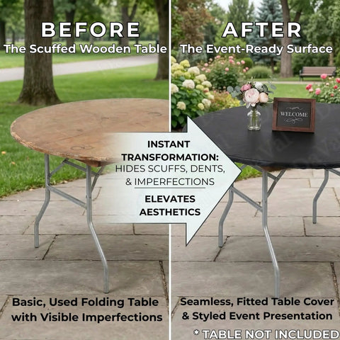 Before and after of 60-inch tables: bare wooden table and one with Ten Pack Black Round Plastic Table Covers For 60 Inch Tables Indoor Outdoor Fitted Covers 5 Feet Diameter Tables Not Included Bulk Party Catering Supply For Events Or Receptions.