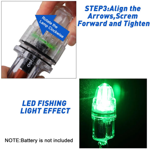 Close-up of underwater fishing light set 2 pack green LED deep water lamp with stainless steel clip and 360-degree glow instructions.