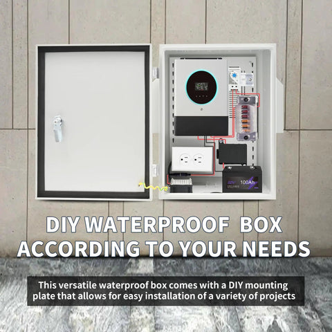 Built Damn Tough Nema Outdoor Electrical Box Enclosure IP65 Weatherproof Heavy Duty Panel with sealed door and interior wiring components.