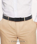 Mens Leather Ratchet Belt With Easy Release Buckle Adjustable Fit Up To One Fifth Inch Increments 35mm Wide shown with khaki pants