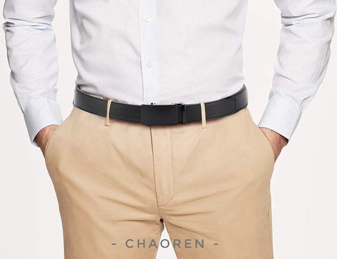 Mens Leather Ratchet Belt With Easy Release Buckle Adjustable Fit Up To One Fifth Inch Increments 35mm Wide shown with khaki pants