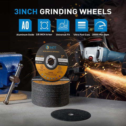 Front view of S SATC 3-inch aluminum oxide grinder cut-off wheels set, 25 pcs, 3/8 inch arbor