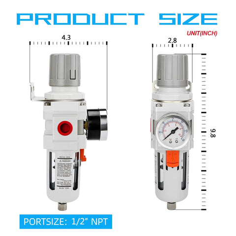 Half Inch NPT Compressed Air Filter Regulator Combo With Piggyback Design, showing product dimensions and front view