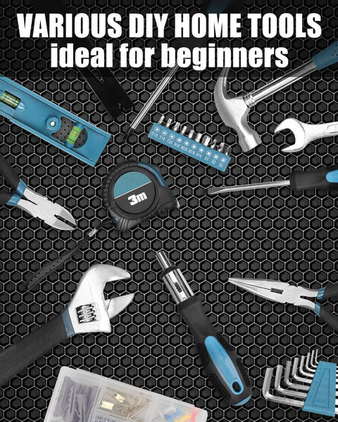 Home Repair Tool Kit 144 Piece Set With Hammer Pliers Wrenches Voltage Tester Tape Measure And Screwdriver Bits In Portable Storage Box ideal for DIY projects and everyday home repairs.