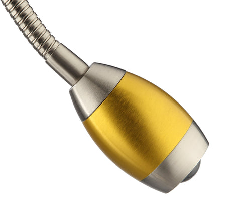 Close-up of Adjustable Beam LED Floor Lamp With Pull Shade, 15.5-Inch Gooseneck in Aluminum Gold Finish, showing the lamp head.