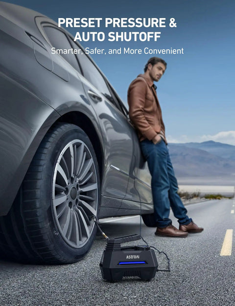 Tire Inflator Portable Air Compressor For Cars With Fast Inflation Digital Pressure Gauge Auto Shut Off LED Light 12V DC Powered 9.8 Ft Cord Great On The Go Car Tire Pump For Home And Roadside Emergencies, compact black unit inflating a car tire