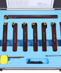 Accusize 5/8 in shank 9-piece indexable turning and boring tool set with TiN-coated C6 inserts in blue foam case