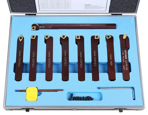 Accusize 5/8 in shank 9-piece indexable turning and boring tool set with TiN-coated C6 inserts in blue foam case