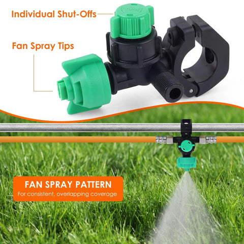 Detail view of Six Nozzle Folding Sprayer Boom Delivers 122 Inch Coverage For ATV And UTV Sprayers with fan spray tips and shut-offs.