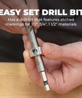 Kreg KPHA308 pocket-hole drill bit with stop collar and gauge, silver metal, close-up held in hands