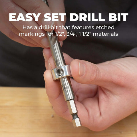 Kreg KPHA308 pocket-hole drill bit with stop collar and gauge, silver metal, close-up held in hands