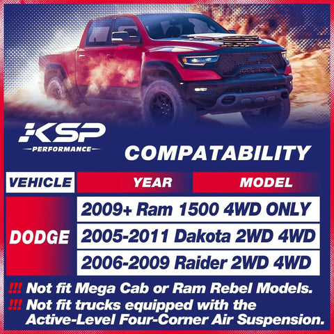 Heavy Duty 2.5 Inch Front Leveling Kit For Ram 1500, compatibility chart featuring vehicle models including Ram 1500.