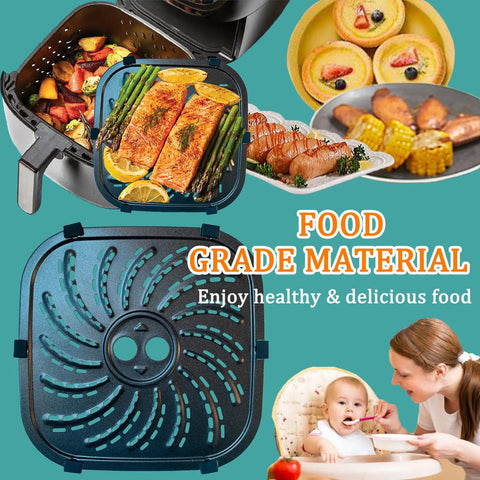 Upgraded Heavy Duty 8QT Air Fryer Grill Plate With Killer Nonstick Coating Compatible Perfect Fit Crisper Tray Rack Insert For PowerXL Vortex Pro Dishwasher Safe Zero Drama with grilled salmon and vegetables.