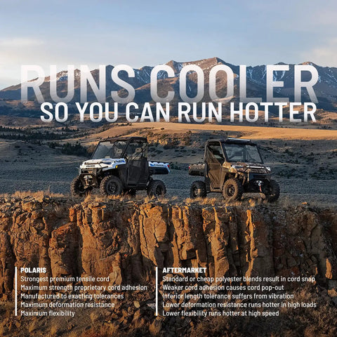 Two off-road vehicles on rocky terrain with text promoting CVT Drive Belt Replacement For EBS Clutch Part 3211113.