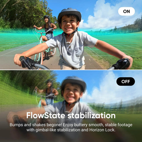 Boy riding bike with Tiny 4K Vlogging Cam With 128 GB White, showcasing flowstate stabilization, hands-free POV recording.