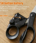 Close-up of laser guided scissors with infrared line, ergonomic grip, highlighting the button for 1.5V battery for crisp cuts.