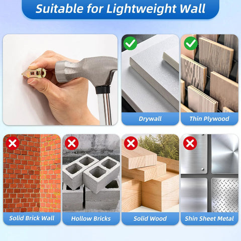 Infographic showing suitable and unsuitable materials for 180 Piece Self Drilling Drywall Anchors Kit With 90 Metal Winged Zinc Plated Anchors And 90 Screws.