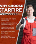 Smiling worker in red overalls promoting Starfire hydraulic oil benefits.