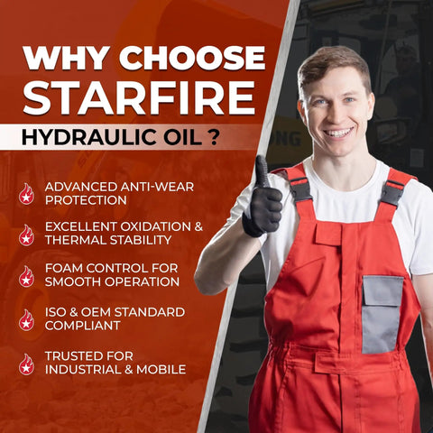 Smiling worker in red overalls promoting Starfire hydraulic oil benefits.