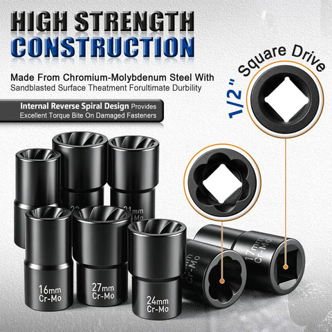 Ditch Those Stuck Bolts With This 19-Piece Bolt Nut Extractor Set For A Smooth 1/2-Inch And 3/8-Inch Drive Wheel Lock Removal Kit That Actually Gets the Job Done Right Without Breaking Your Tools Or Losing Your Mind On Tough Rust Jobs. 19-piece Cr-Mo extractor sockets, 16mm to 27mm