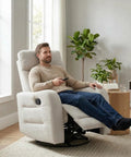 Man relaxing in 360 Degree Swivel Glider Rocker Recliner Chair with Side Pull Handle in beige, in a living room setting.