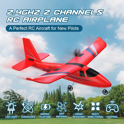 2.4Ghz RC Airplane For Beginners 2CH Remote Control Plane With Gyro Stabilizer Includes 3 Batteries And Charger Easy To Fly For Kids Teens And Adults Red Ready To Fly, red plane above trees.