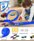 Child playing with 15 Foot Flexible Double Lane Race Track For 1 64th Diecast Cars, Rolls Up Portable Racetrack, Blue Color