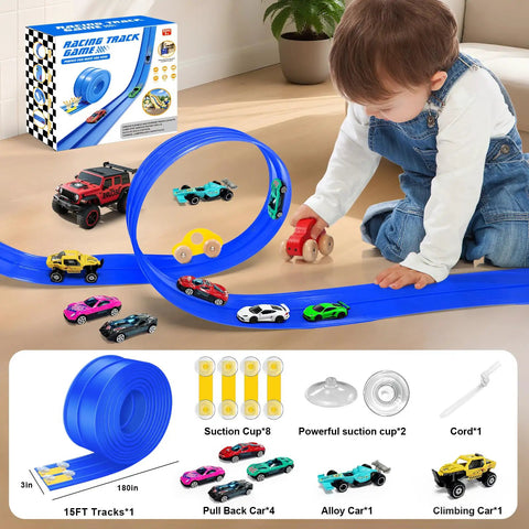Child playing with 15 Foot Flexible Double Lane Race Track For 1 64th Diecast Cars, Rolls Up Portable Racetrack, Blue Color