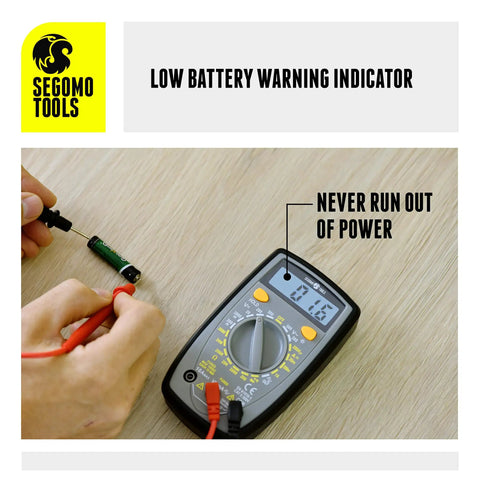 500 Volt Digital Multimeter With Backlit LCD Display for AC and DC voltage testing, showing low battery warning indicator in use