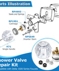 Parts illustration for Faucet Handle With Stem Unit And Seats Kit For Delta H71 RP1991 And 1600 Series with diagram and components