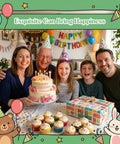 Family celebrating birthday with cake, candles, and gifts. Cartoon bear and rabbit illustrations on border.