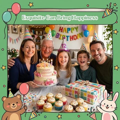 Family celebrating birthday with cake, candles, and gifts. Cartoon bear and rabbit illustrations on border.