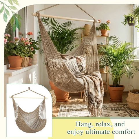 Two Piece Hanging Hammock Chair Set Boho Swing For Indoor Outdoor Chill Vibe Ultra Soft Cotton Rope Weaving hung in room